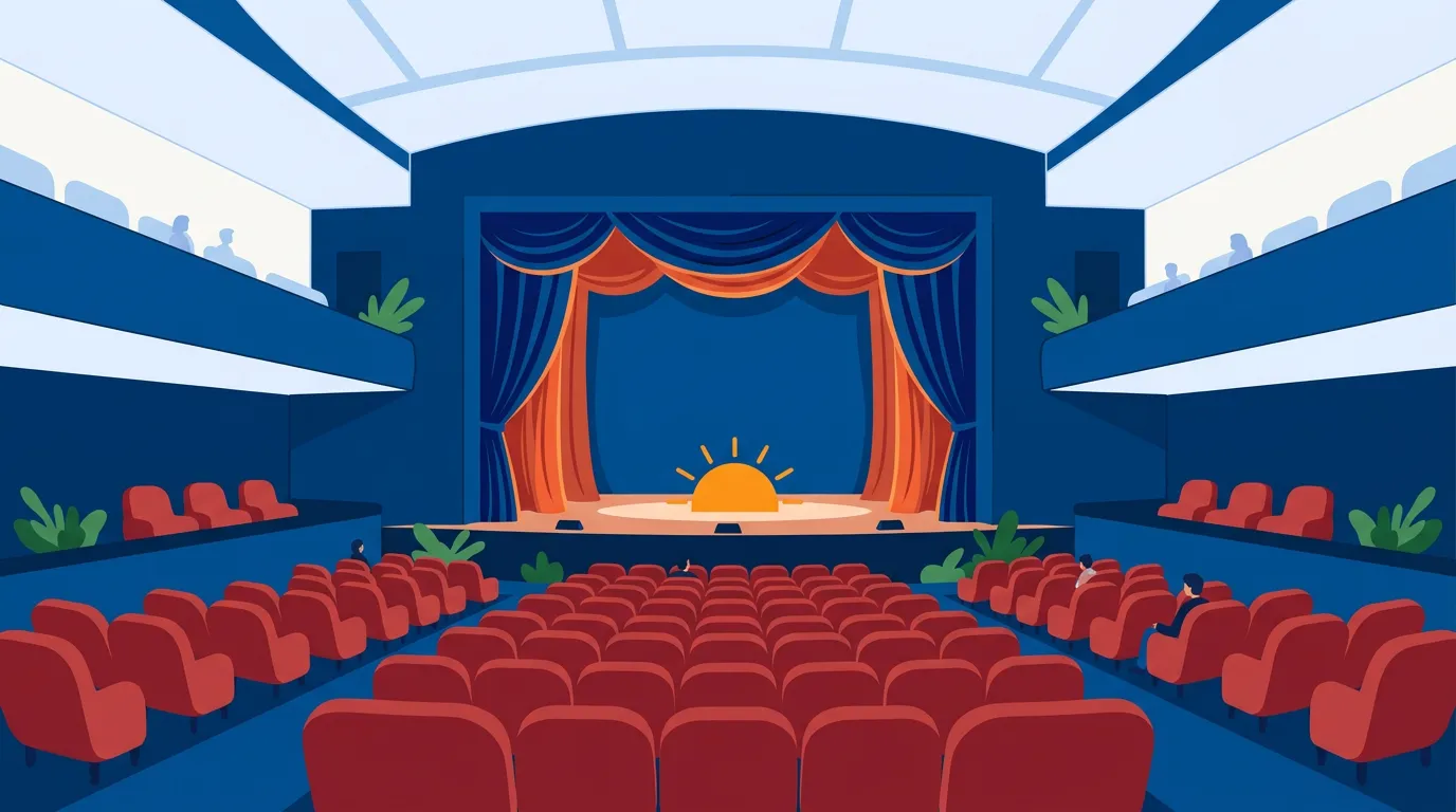 Plateia de teatro com poltronas e palco iluminado pronto para espetáculo