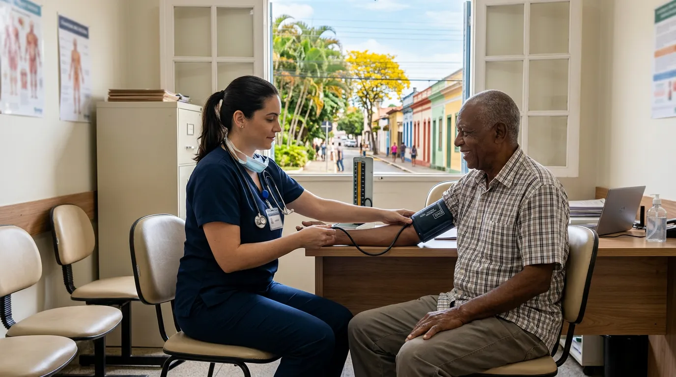 Imagem criada com IA: Profissional de saúde avaliando idoso em consultório médico