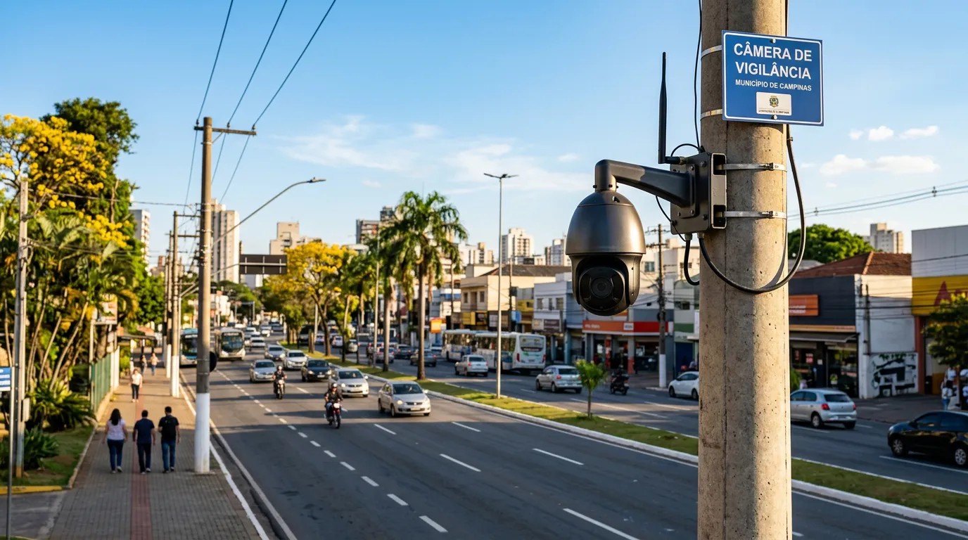 Imagem criada com IA: Câmera de fiscalização em poste de rua com avenida urbana ao fundo