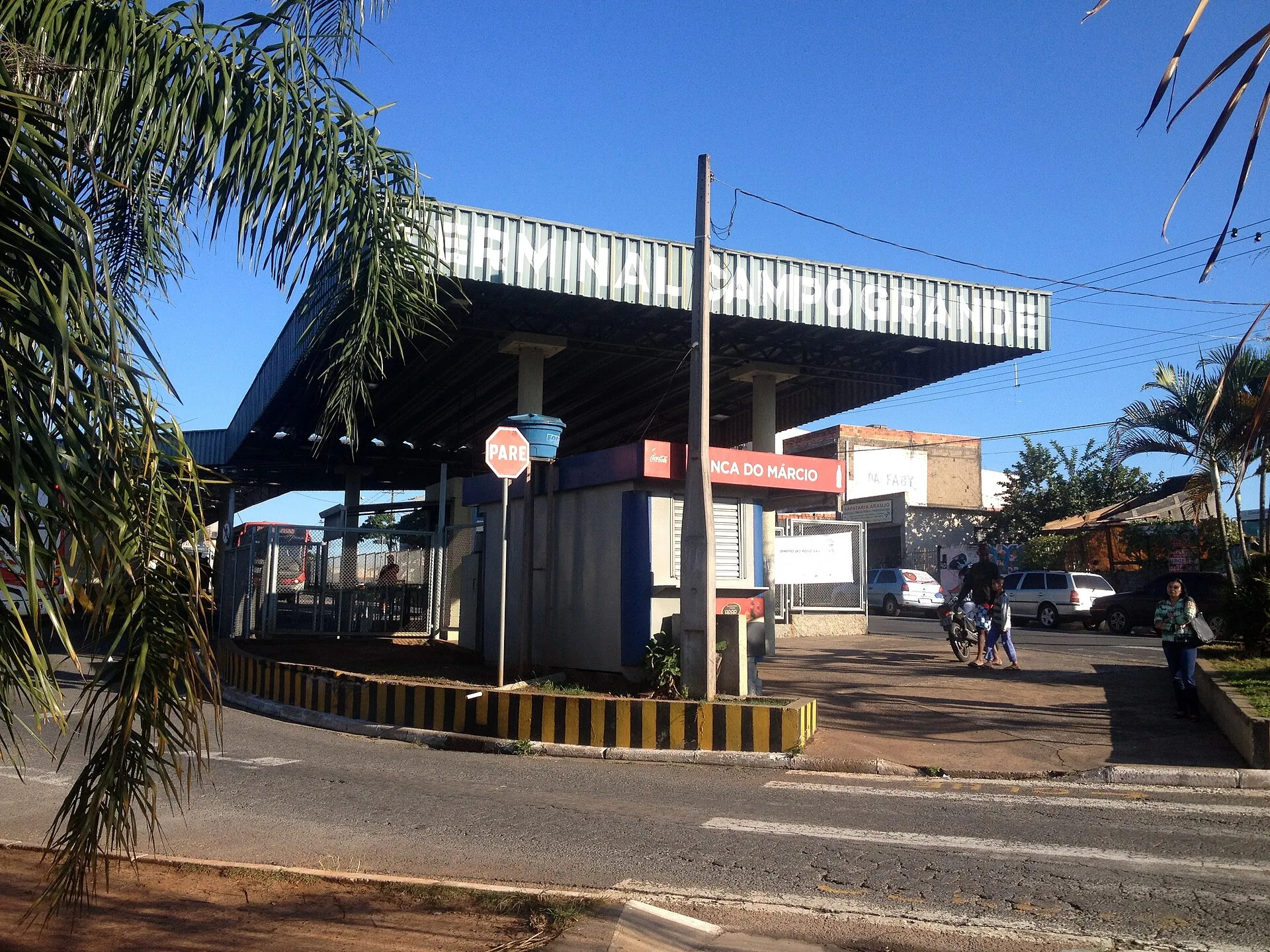 Entrada do Terminal Campo Grande com estrutura de cobertura metálica e palmeiras ao lado