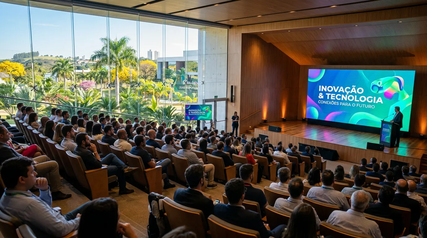 Imagem criada com IA: Auditório moderno com público em evento de inovação e tecnologia