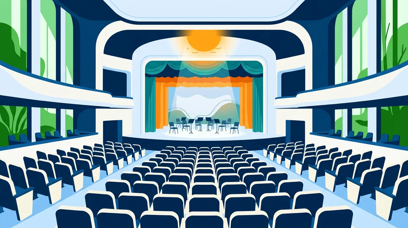 Auditório teatral com poltronas vermelhas e palco iluminado vazio