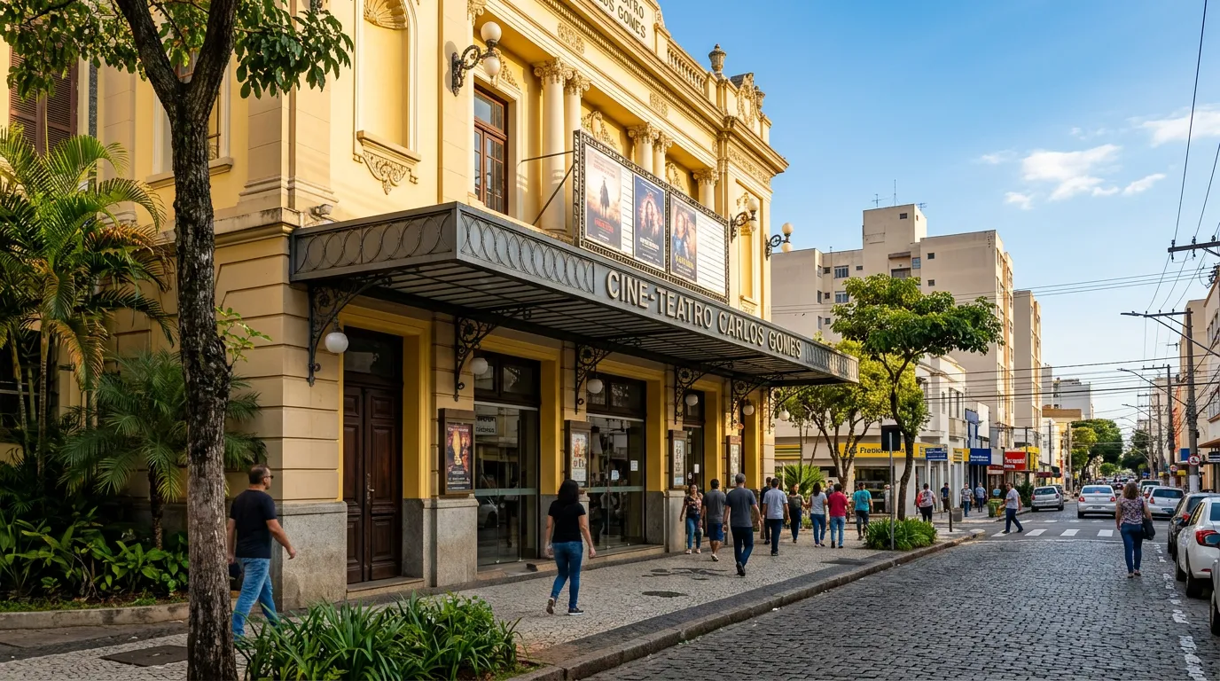 Imagem criada com IA: Fachada de cineteatro clássico com entrada iluminada em rua de centro urbano