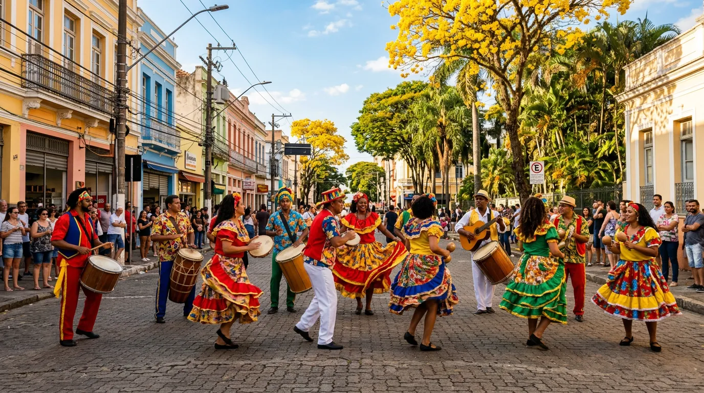 Imagem criada com IA: Celebração cultural com pessoas em trajes tradicionais dançando em rua urbana durante o dia
