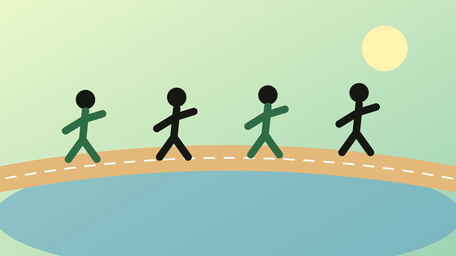 Ilustração de corredores numa pista em volta de uma lagoa