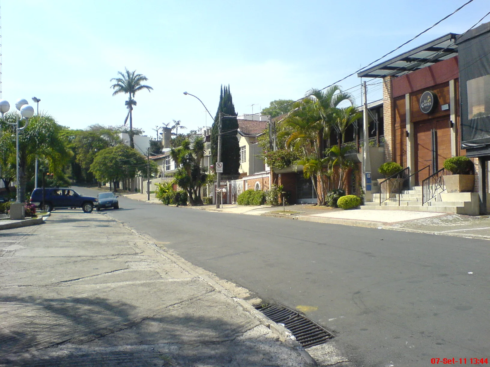 Rua Antonio Arruda Camargo no bairro Nova Campinas com casarões, palmeiras e comércios locais