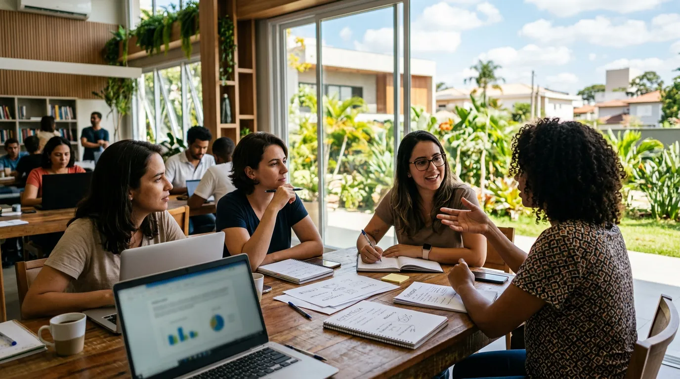 Imagem criada com IA: Mulheres em sala de aula colaborativa com notebooks e materiais de estudo sobre empreendedorismo