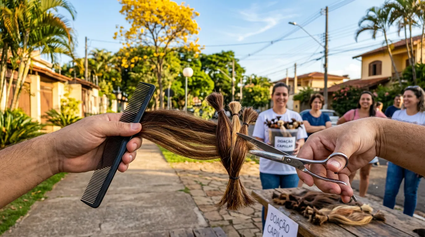 Imagem criada com IA: Tesoura e pente com mechas de cabelo em tons variados simbolizando doação solidária