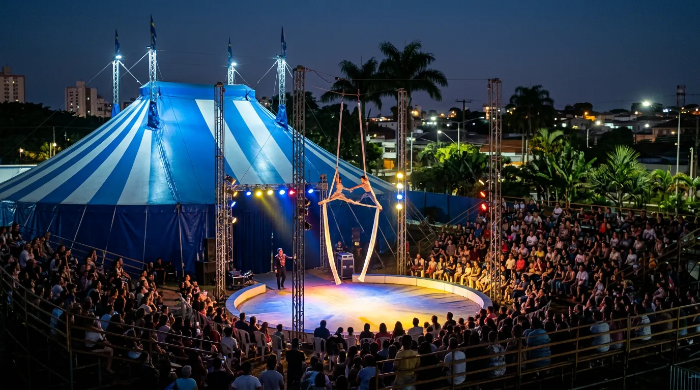 Imagem criada com IA: Apresentação circense com acrobatas e público em arquibancadas sob lona azul