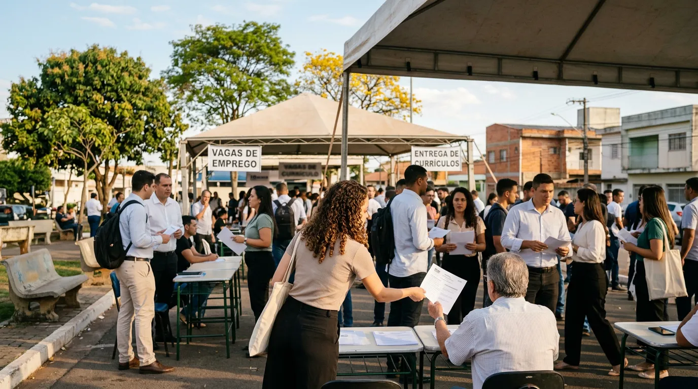 Imagem criada com IA: Candidatos e recrutadores em feirão de emprego com mesas e documentos