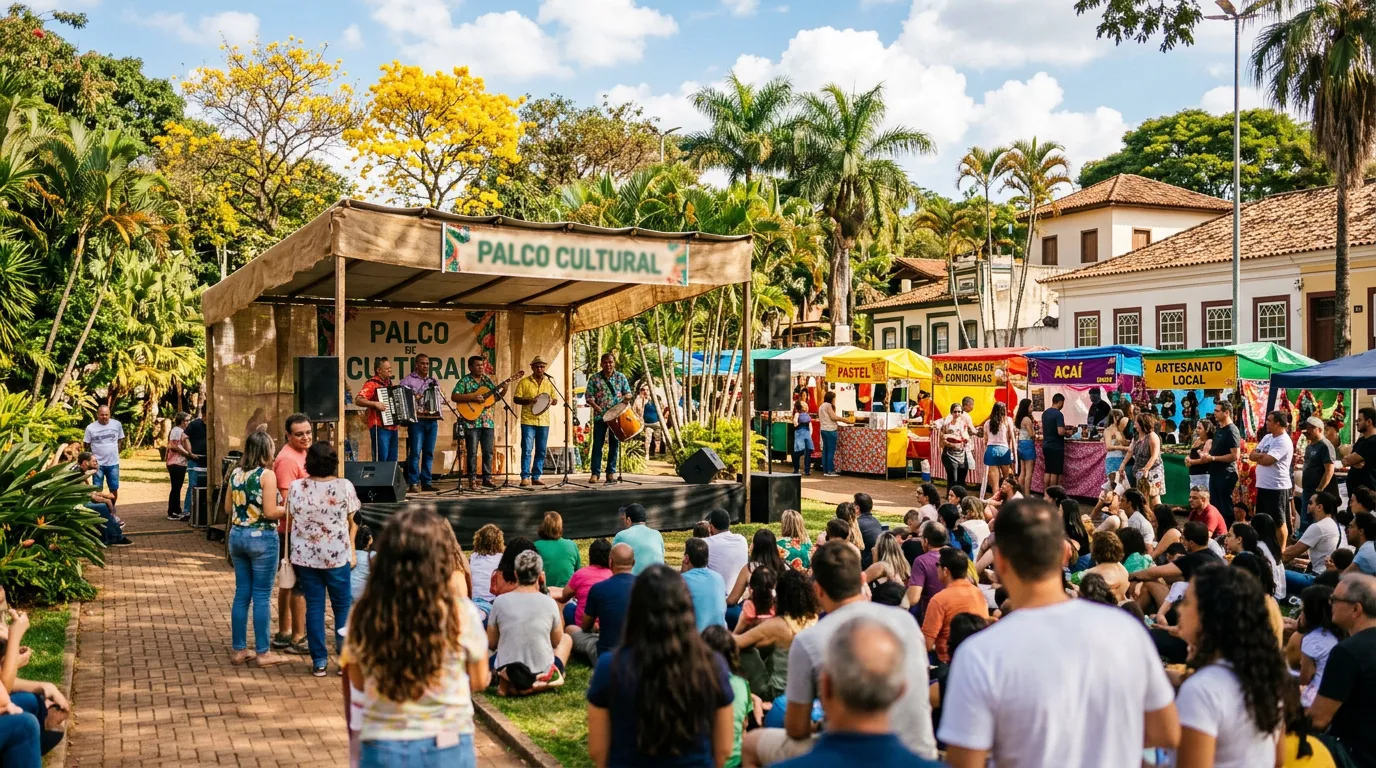 Imagem criada com IA: Palco com apresentação musical tradicional, público e barracas de gastronomia em festival ao ar livre