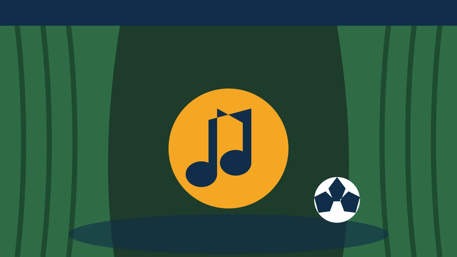 Ilustração de um palco de teatro com cortinas verdes, uma nota musical e uma bola de futebol