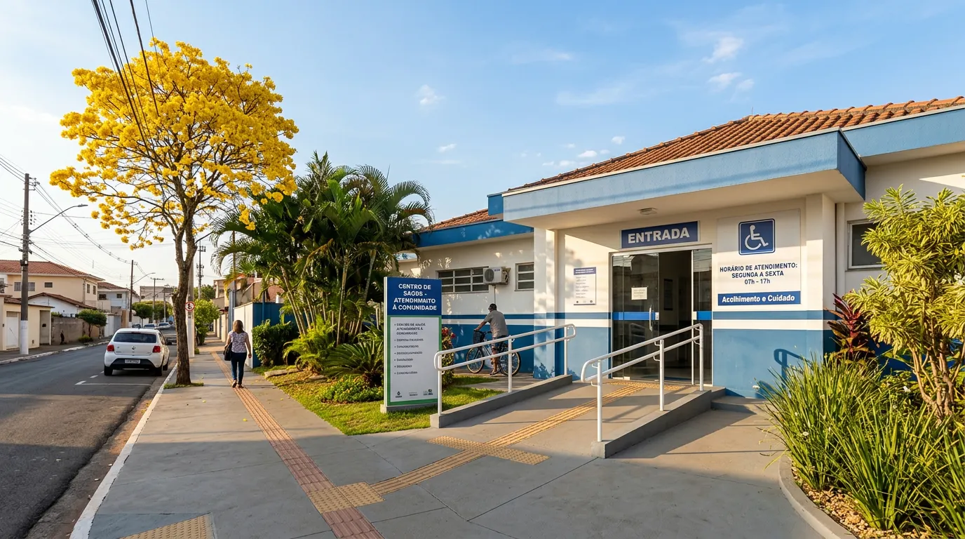 Imagem criada com IA: Fachada de farmácia ou centro de saúde com entrada acessível