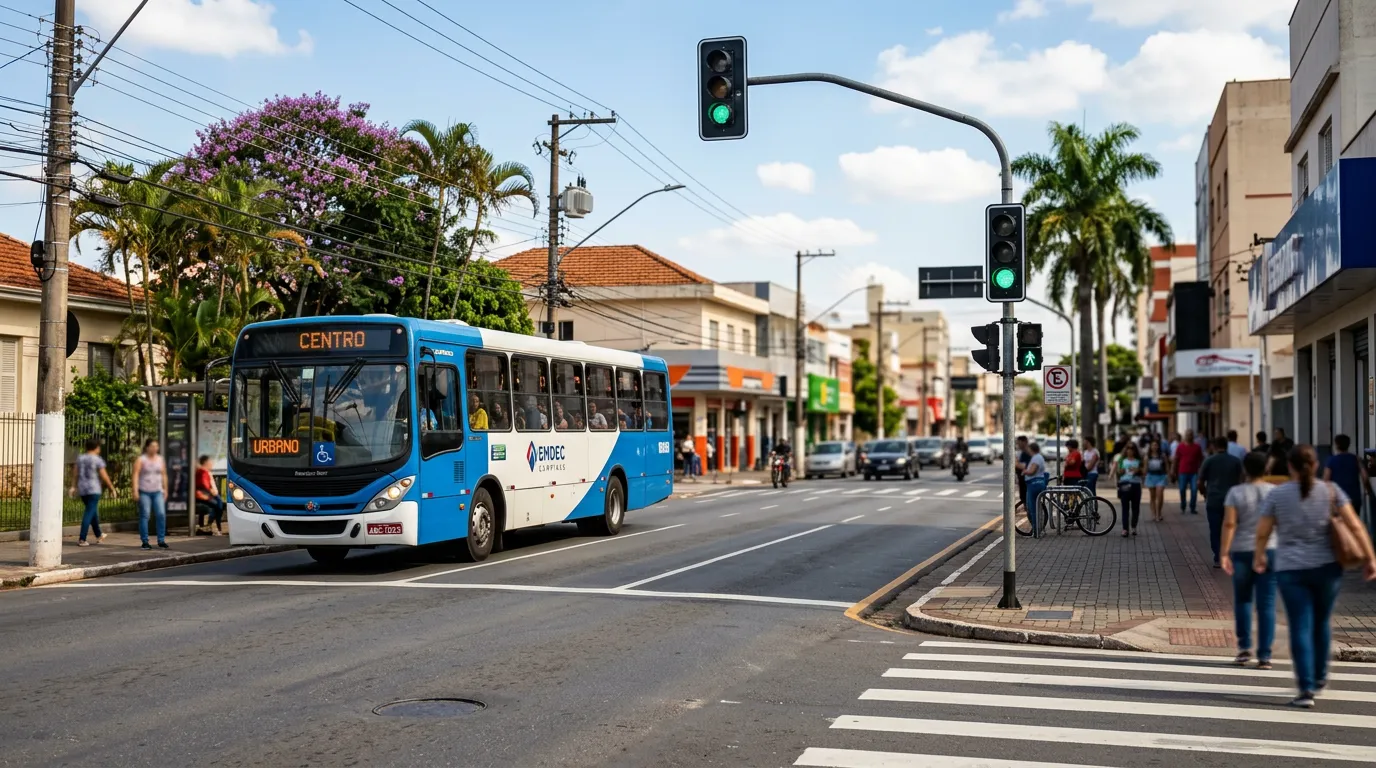 Imagem criada com IA: Ônibus urbano passando por avenida com semáforo e faixa de pedestres