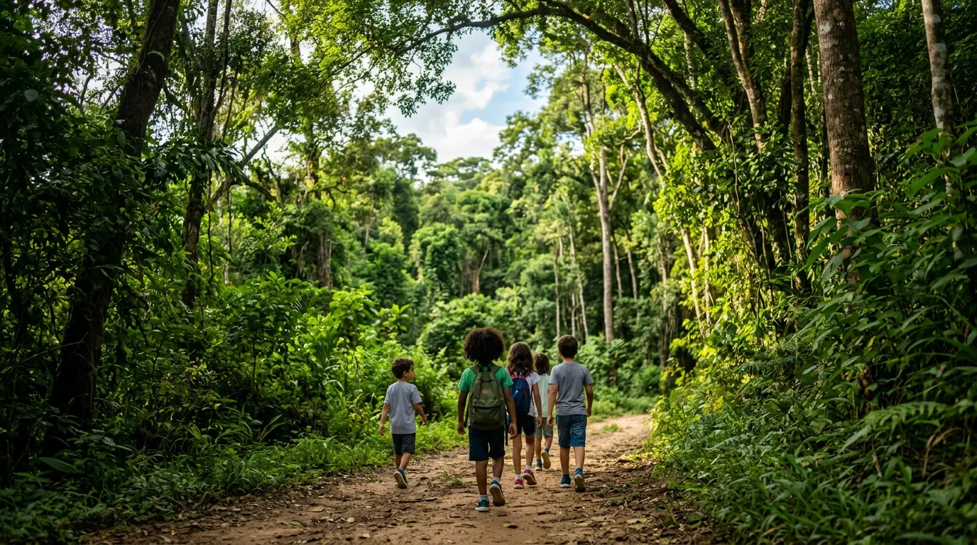 Imagem criada com IA: Crianças em trilha de mata nativa com árvores altas e vegetação densa ao redor