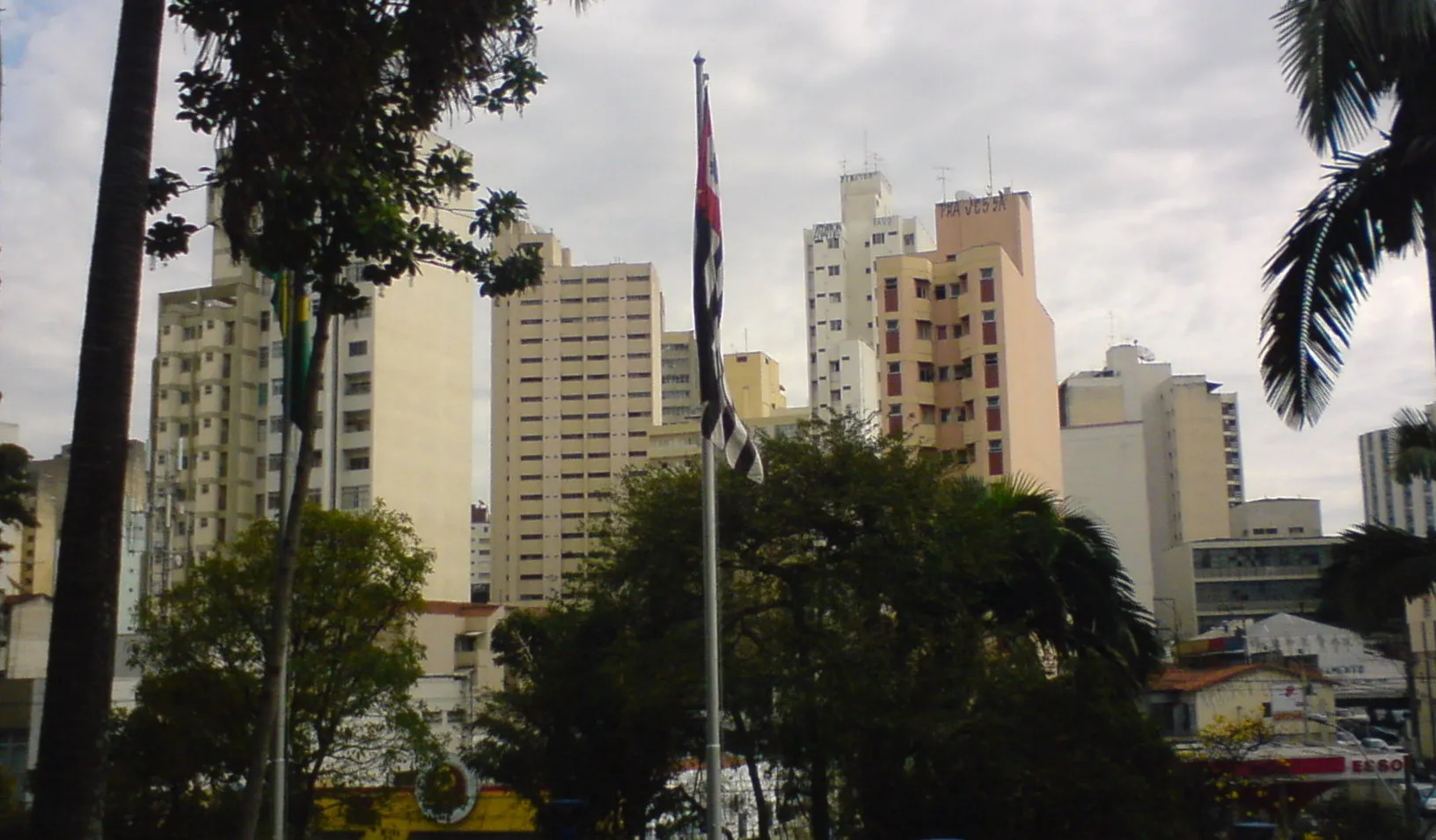 Centro de Campinas com edifícios, árvores e céu nublado