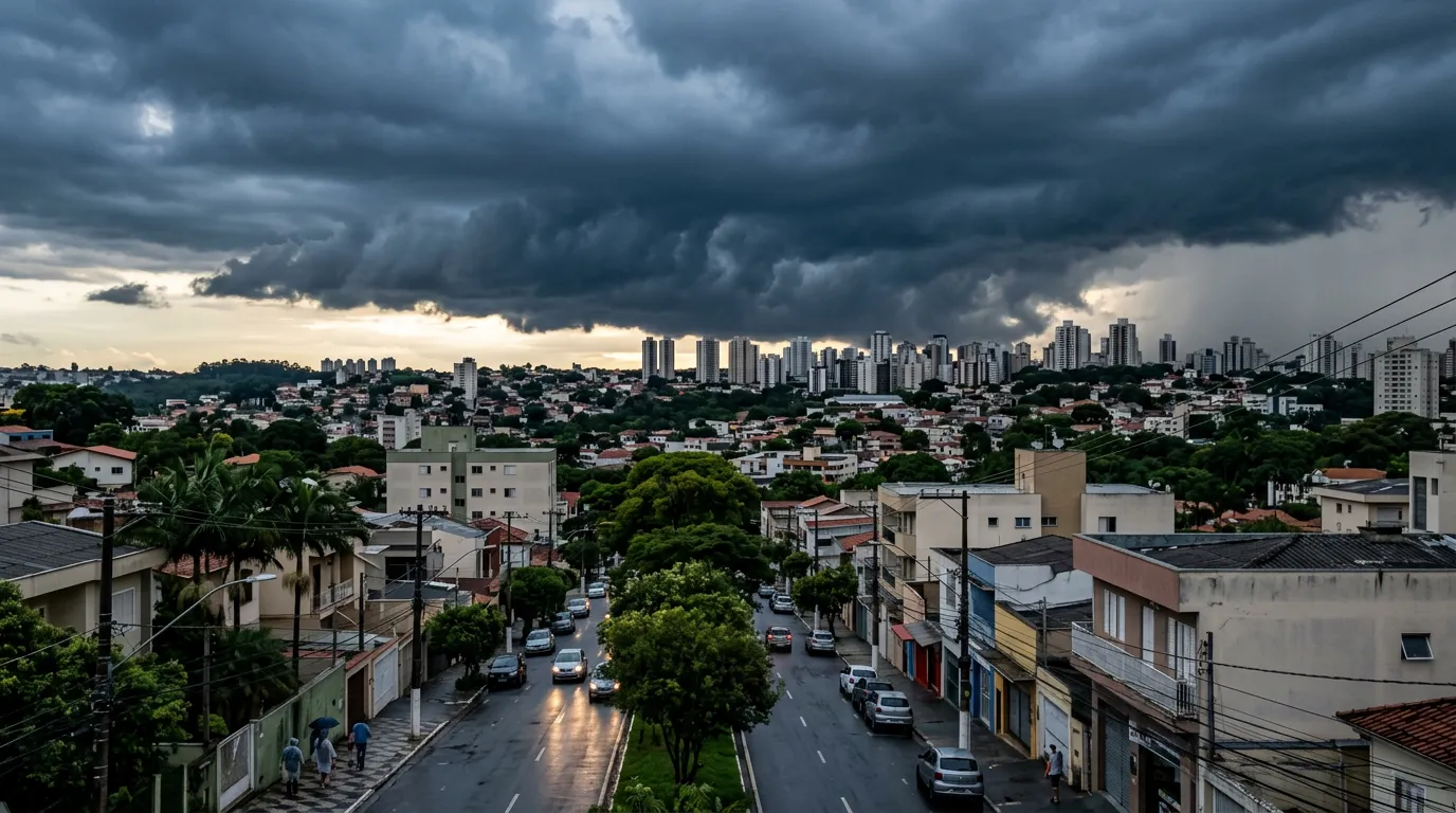 Imagem criada com IA: Céu nublado escuro sobre área urbana com nuvens carregadas
