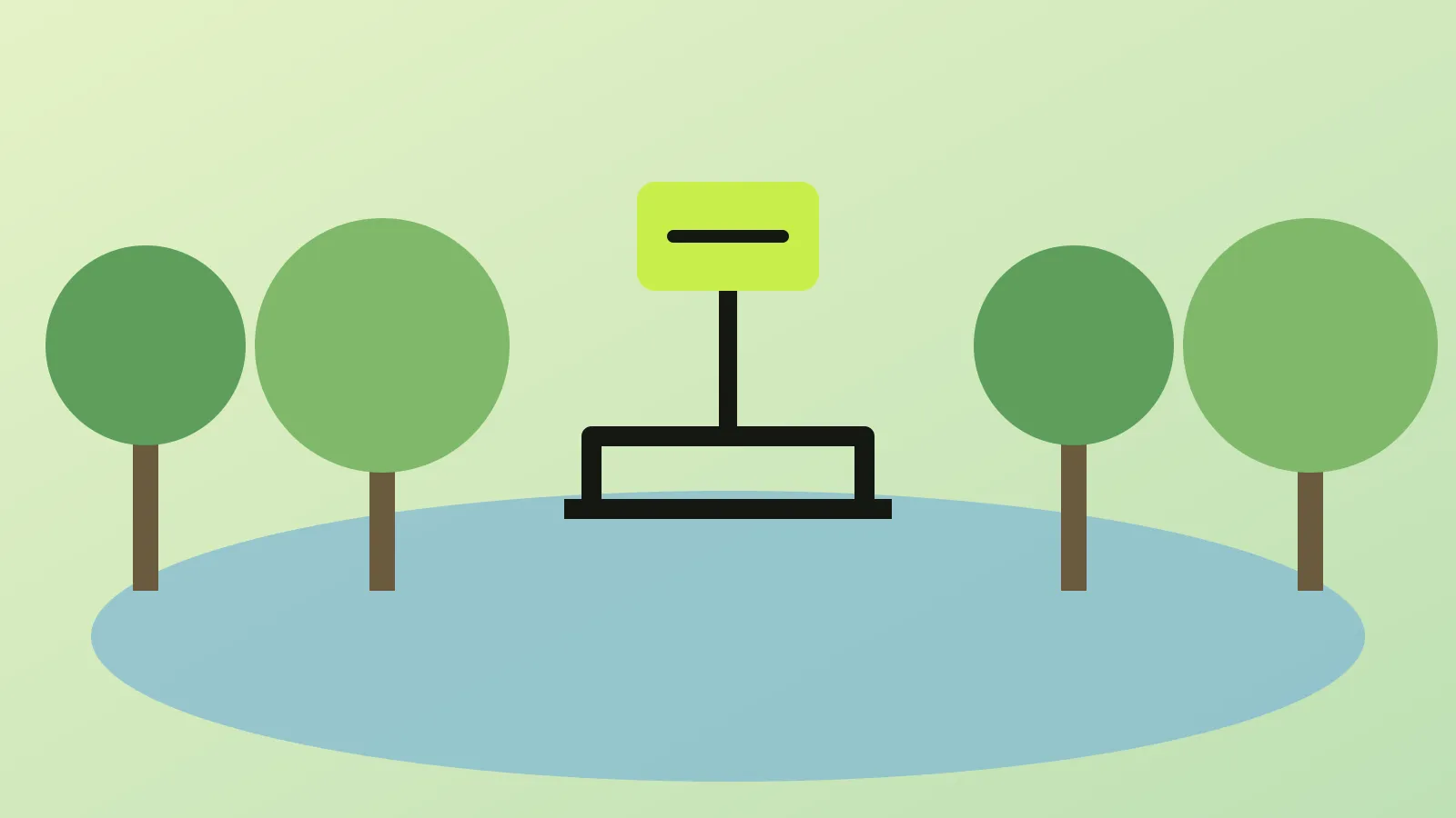 Ilustração de uma praça com árvores, lago e placa de reabertura