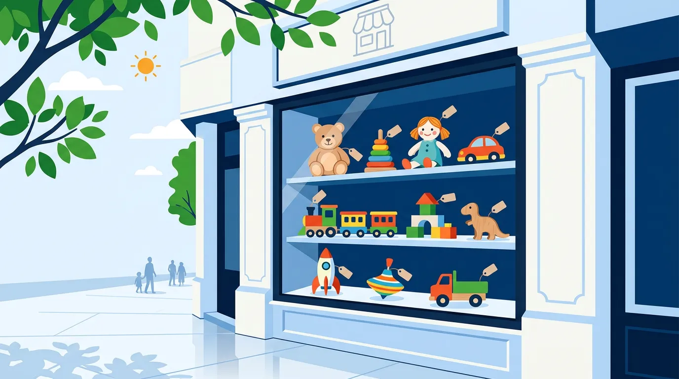 Vitrine de loja com brinquedos coloridos em prateleiras e etiquetas de preço