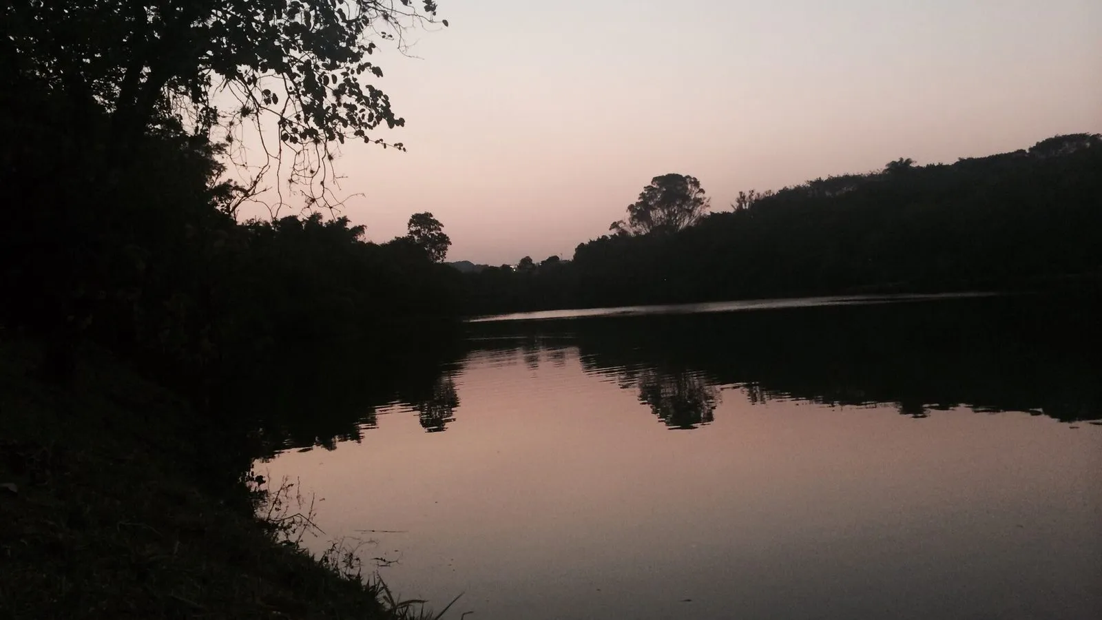 Céu rosado do fim de tarde refletido na água da Lagoa do Taquaral, no Parque Portugal, com árvores em silhueta