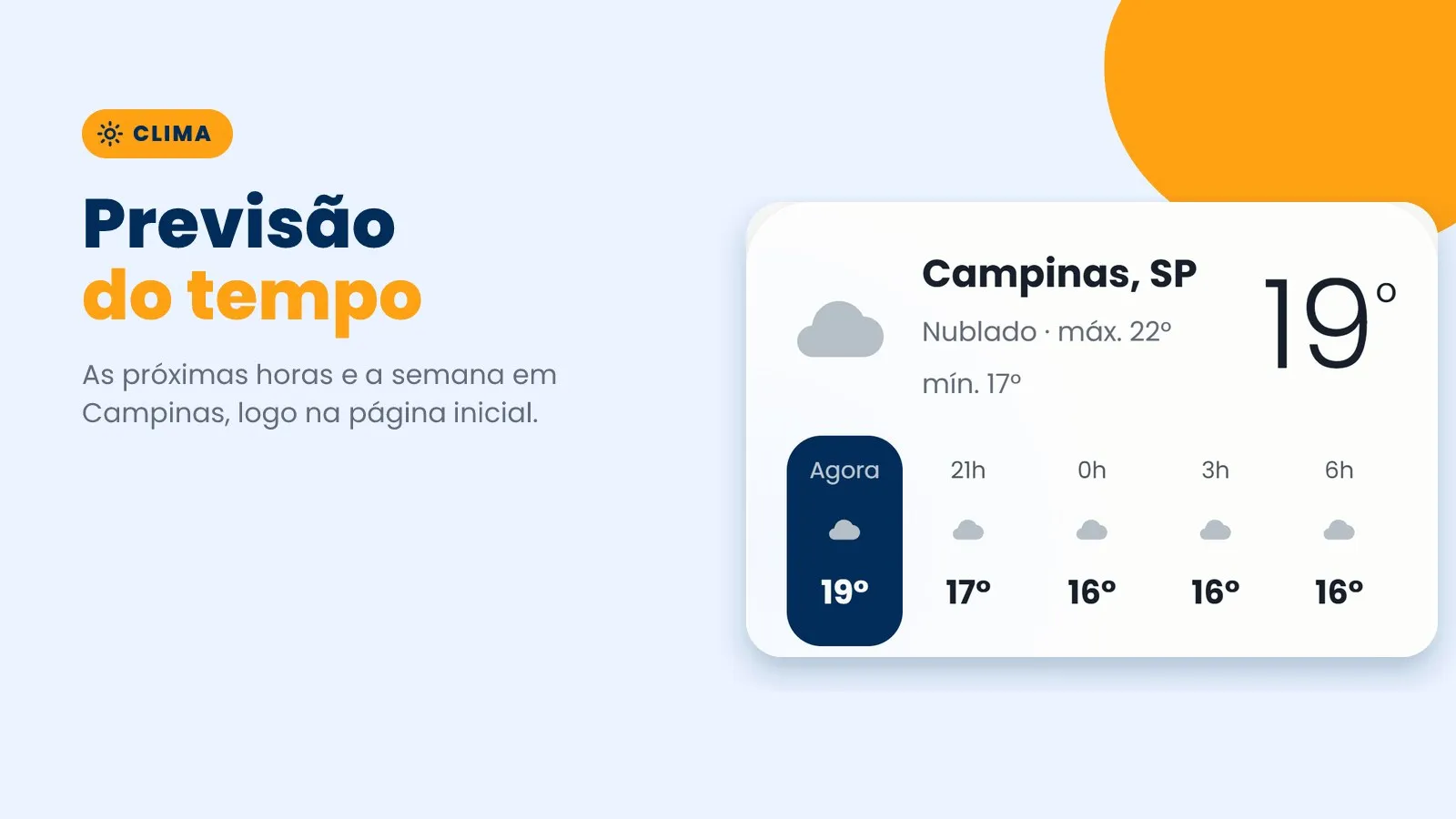 Cartão de previsão do tempo de Campinas com a temperatura e as próximas horas