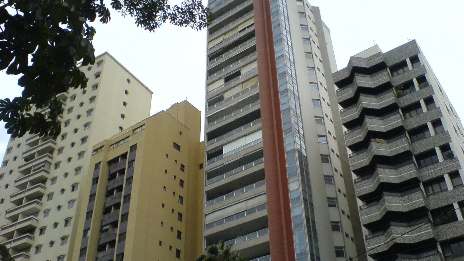 Prédios residenciais altos no bairro Cambuí, em Campinas, vistos de baixo, com galhos de árvore no canto