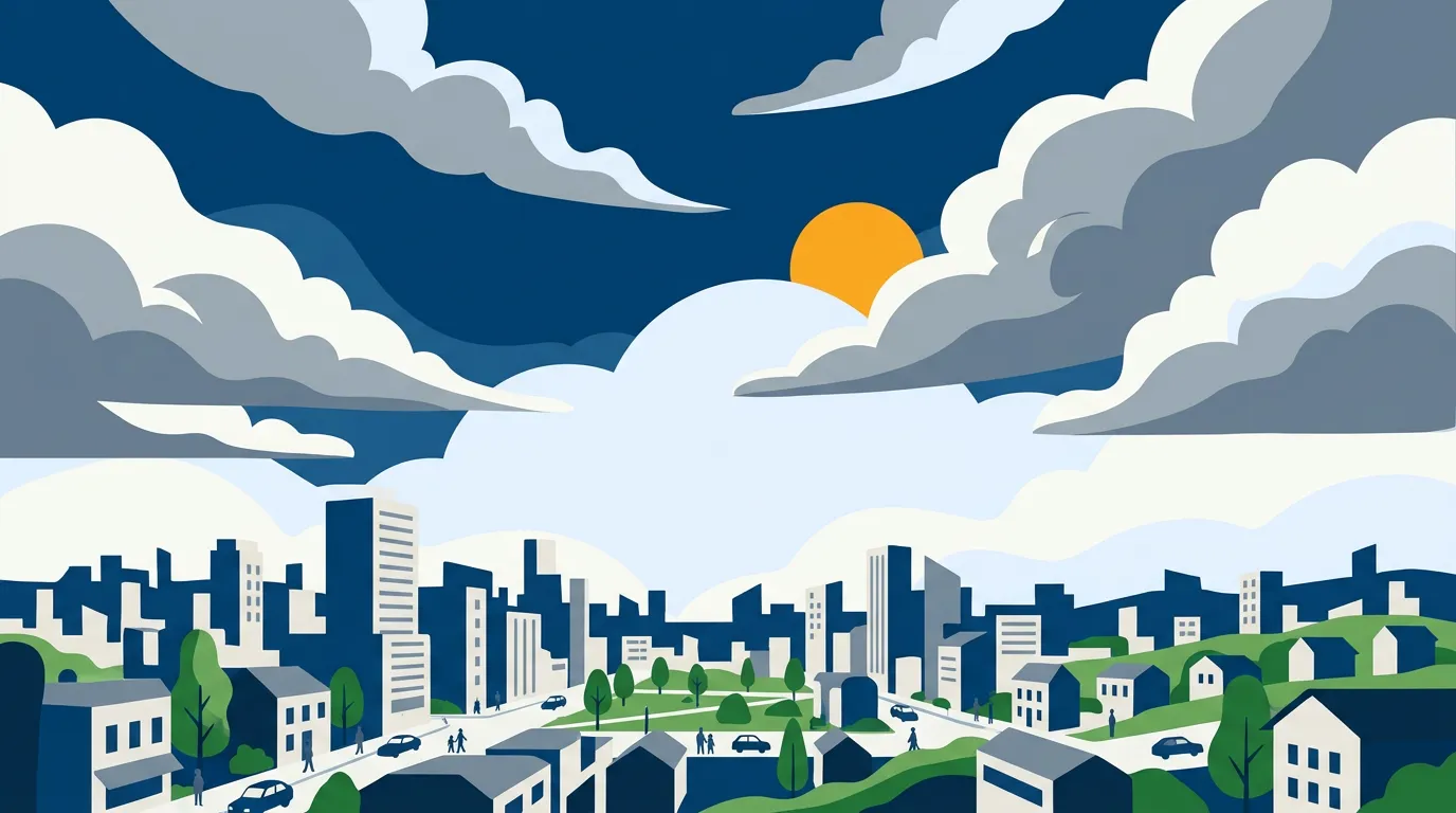 Céu nublado e carregado sobre área urbana com luz natural diurna