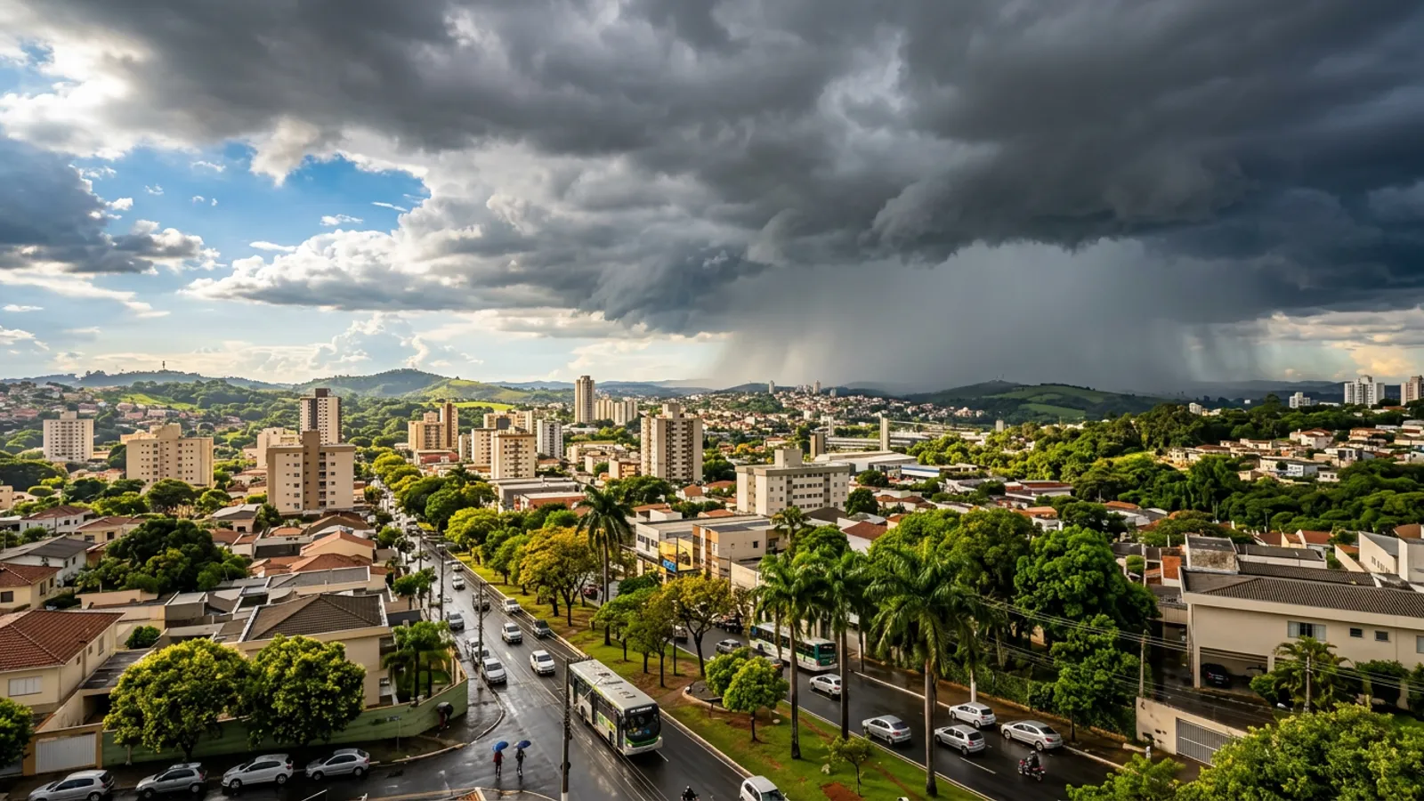 Imagem criada com IA: Previsão do tempo primavera Campinas 2026: calor, chuva e temporais