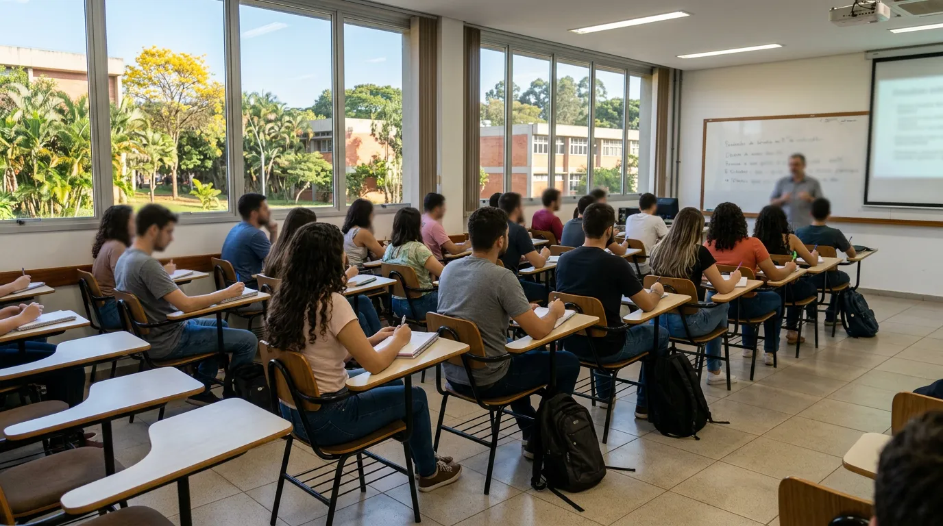 Imagem criada com IA: Estudantes em sala de aula moderna com luz natural, ambiente acadêmico de universidade