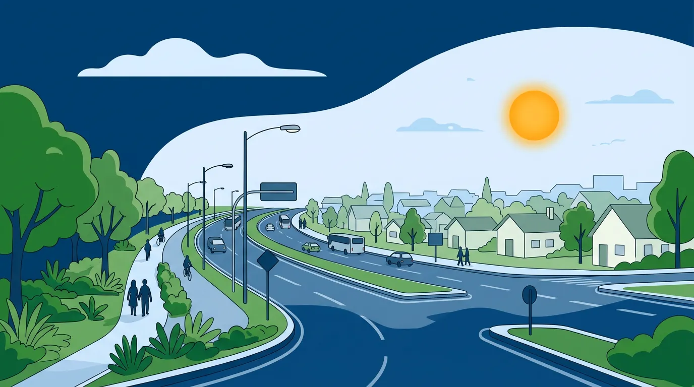 Avenida com sinalização de trânsito e bairro residencial ao fundo