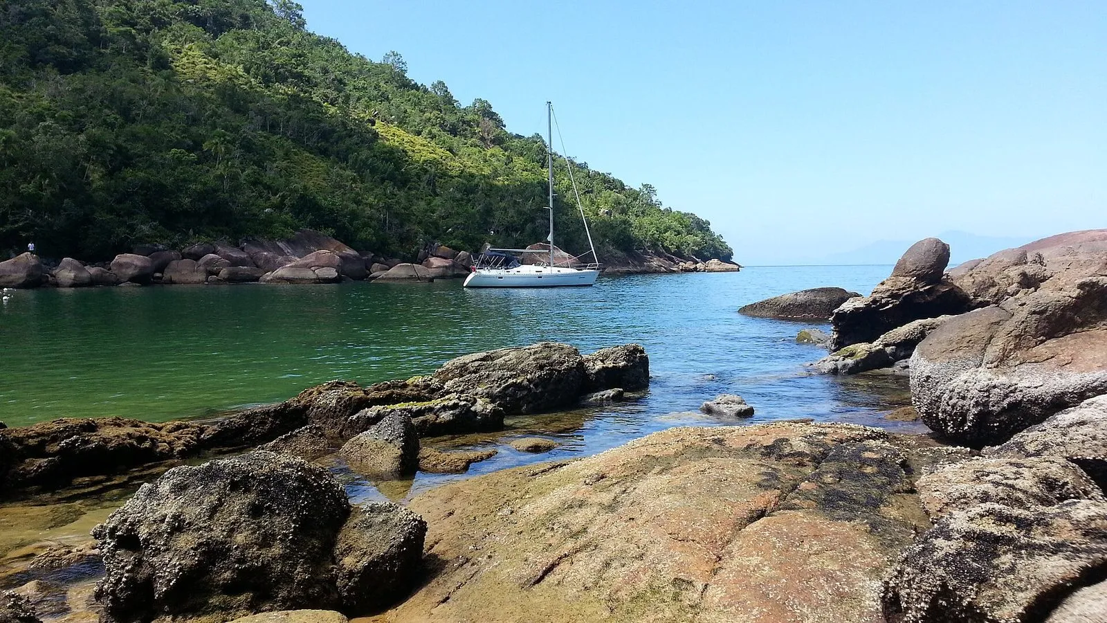 Enseada de água verde e calma na Ilha Anchieta, em Ubatuba, com um veleiro ancorado, pedras em primeiro plano e mata atlântica no morro ao fundo