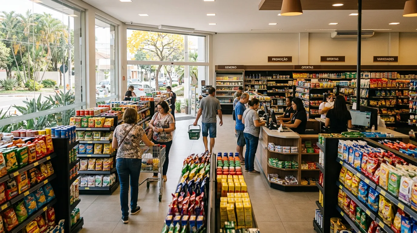 Imagem criada com IA: Interior de loja de varejo com prateleiras, balcão e clientes em ambiente comercial