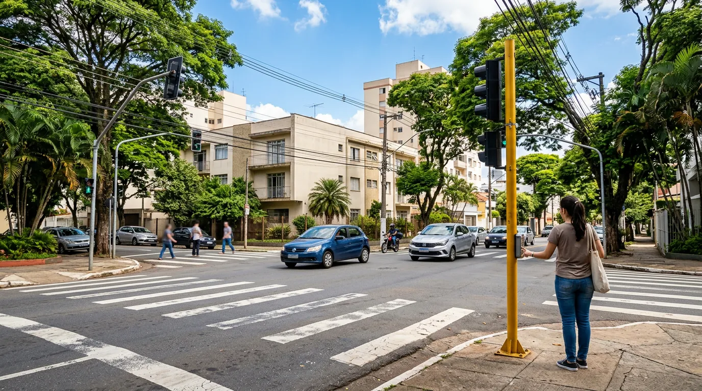 Imagem criada com IA: Semáforo com botoeira para pedestres em cruzamento de rua urbana