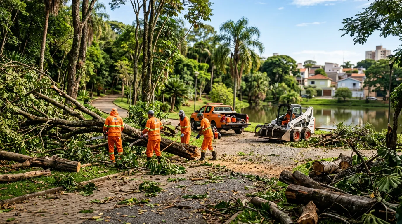 Imagem criada com IA: Equipes limpando parque com árvores derrubadas e galhos espalhados após temporal
