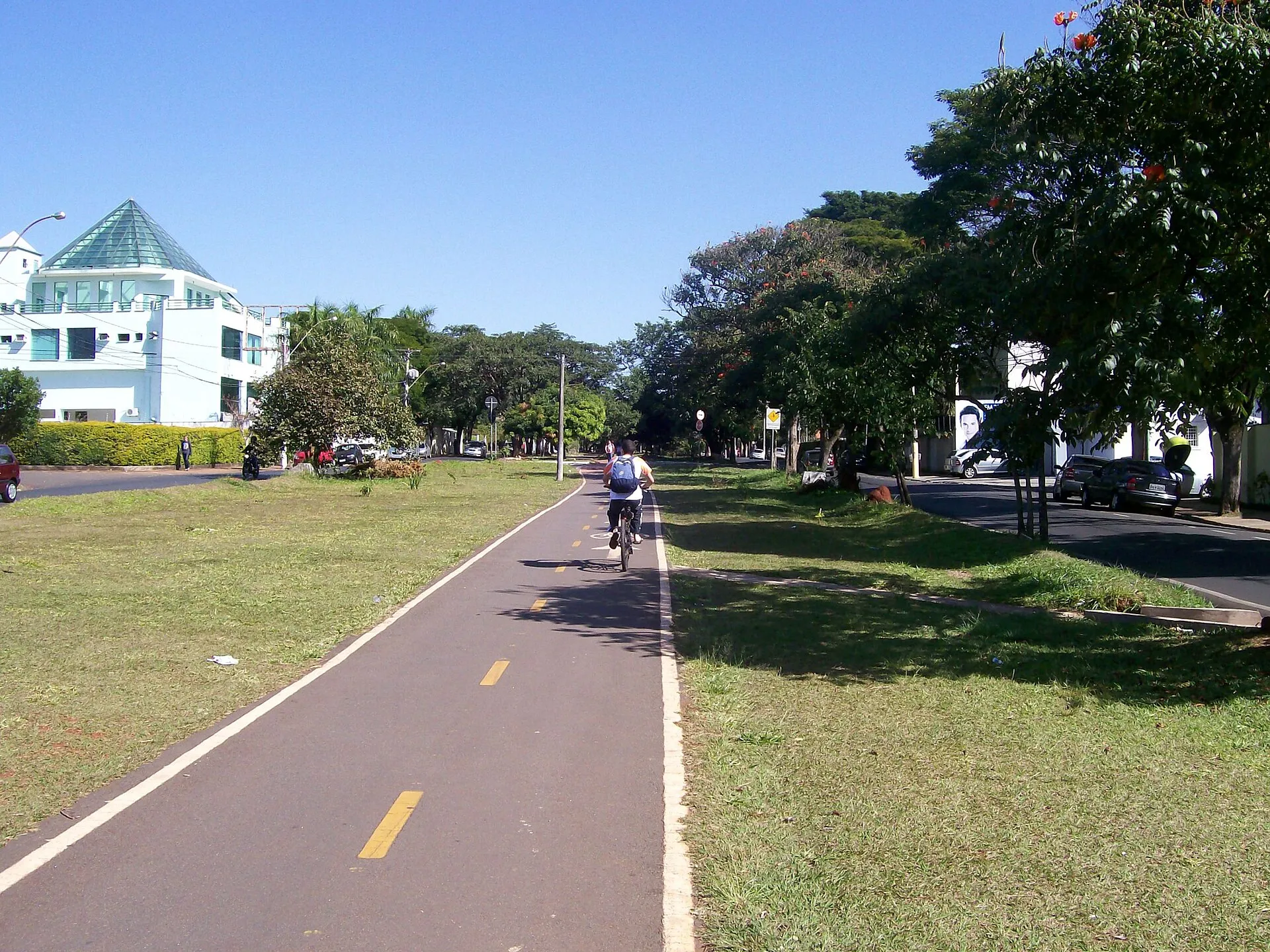 Ciclovia segregada na Avenida Atílio Martini em Barão Geraldo, com áreas verdes e construções ao fundo