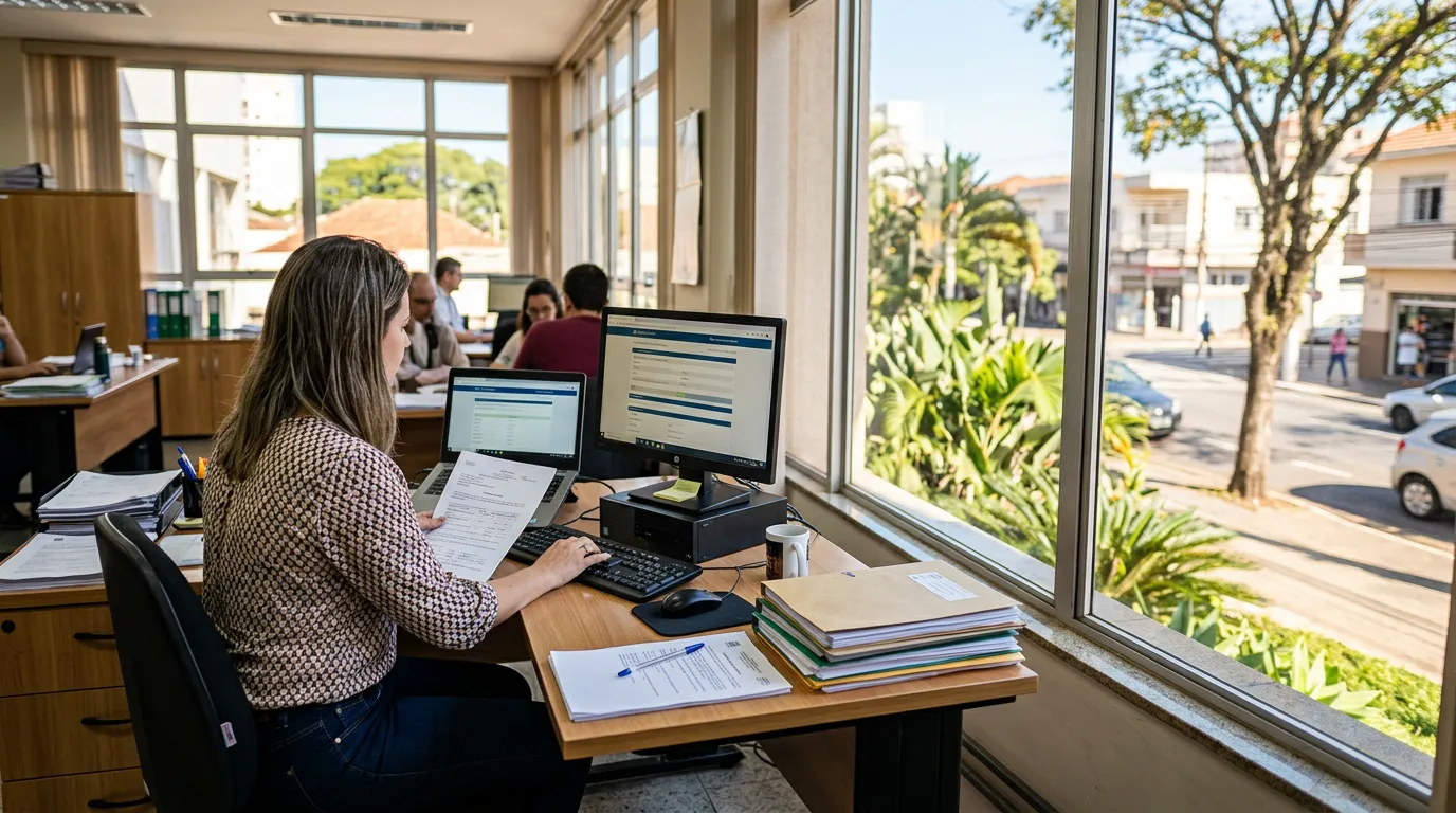 Imagem criada com IA: Pessoa em escritório consultando informações sobre benefícios laborais em computador