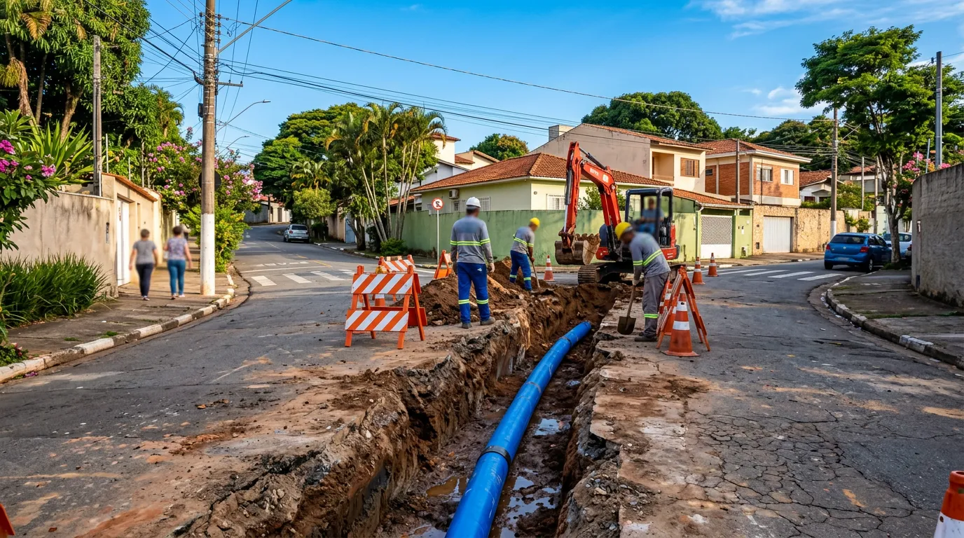 Imagem criada com IA: Escavação em rua para reparo de tubulação de água com equipamentos de obra