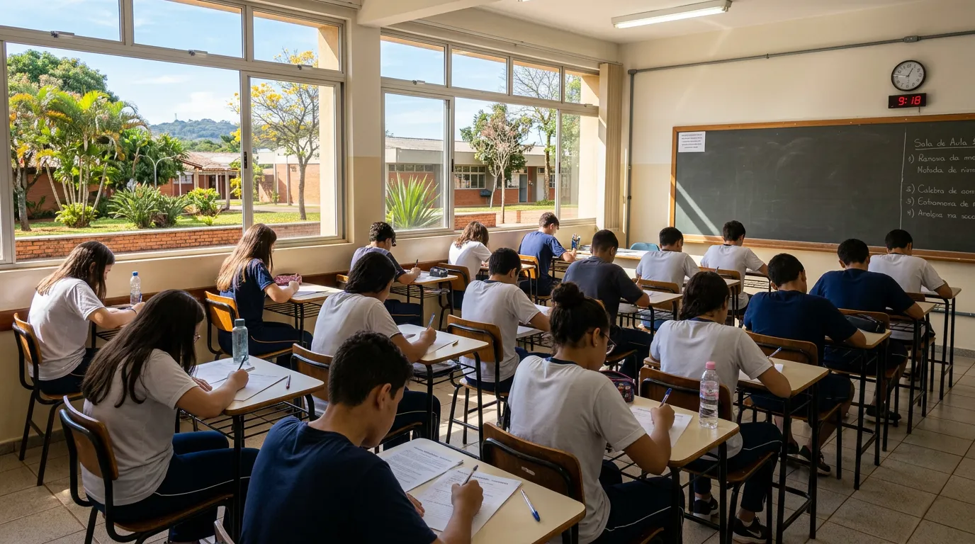 Imagem criada com IA: Estudantes realizando prova em sala de aula com mesas e luz natural