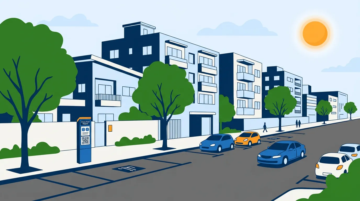 Rua com vagas de estacionamento demarcadas e sinalização de zona azul em bairro residencial